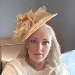 Blush Dusky Pink Flower Fascinator, Percher Hat, Beige Saucer, Races , Hatinator, wedding headpiece,