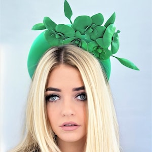 Green Satin Fascinator, Flower Headpiece, Halo Headband, Tall Padded Hair band, leather orchids, image 1