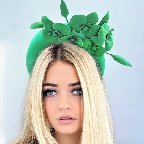 Green Satin Fascinator, Flower Headpiece, Halo Headband, Tall Padded Hair band, leather orchids,