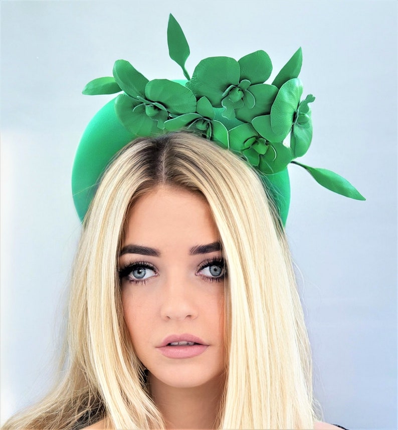 Green Satin Fascinator, Flower Headpiece, Halo Headband, Tall Padded Hair band, leather orchids, image 1