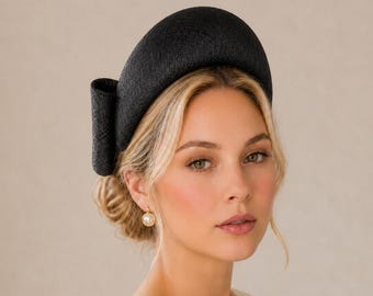 Black Ridged Headband Fascinator, Back Bow Halo, 10cm Wide, Races Wedding Headpiece