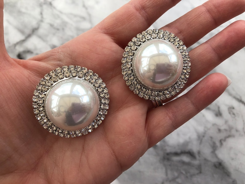 CLIP ON Big Pearl Earrings With Diamante in Silver Tone 3.5 Etsy