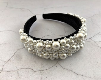 Beautiful Ivory Faux Pearl Encrusted Jewelled Headband Alice Band on Black Satin 4.5 cms Wide