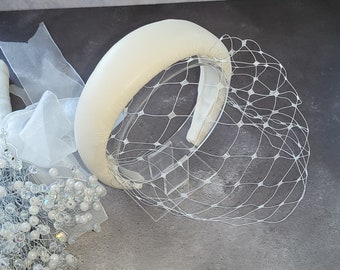 Ivory Leather Veiled Fascinator, Headband Padded , Blusher Veil, Bridal Headpiece, 4 cms wide,