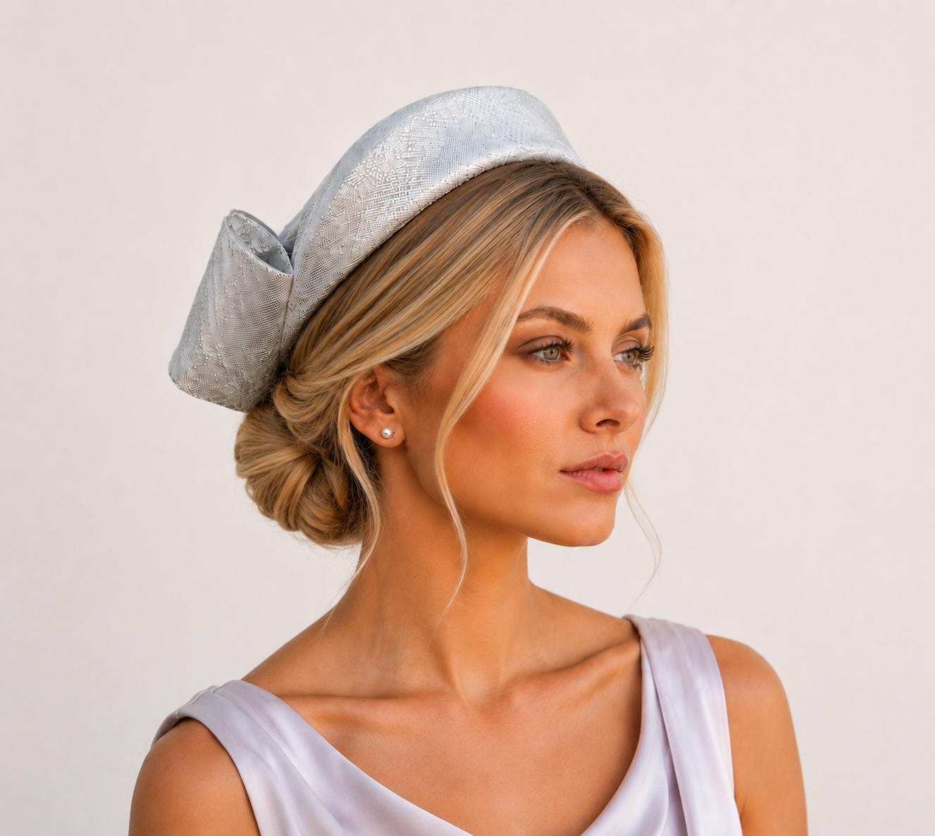 Grey Silver Shimmer Ridged Halo Fascinator, Back Bow Wedding Race Day Headpiece