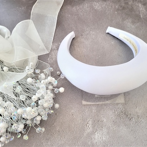 White Satin High Padded Headband Hair band Halo Style 4 cms Wide Bridal Headpiece