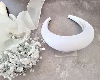 White Satin High Padded Headband Hair band Halo Style 4 cms Wide Bridal Headpiece