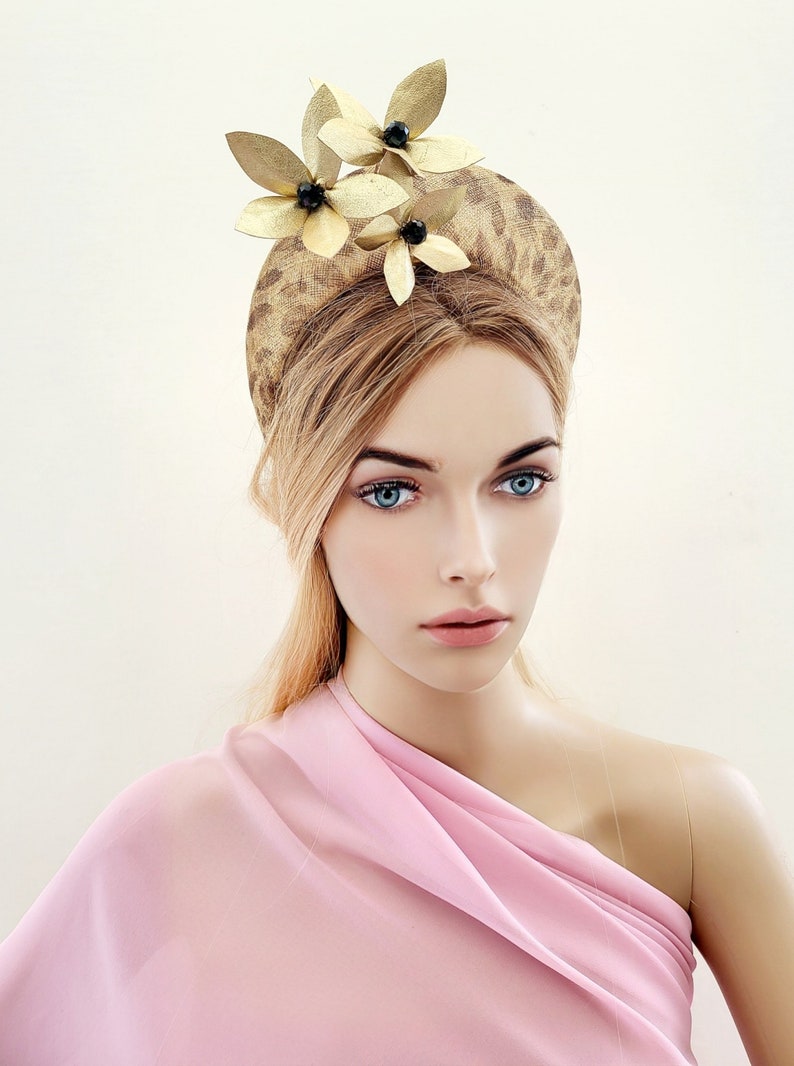 Leopard Animal Print Halo Fascinator Headband, with Gold Leather flowers, Beige Lightweight Races Headpiece image 3