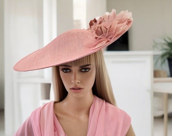 Large Dusky Pink Percher Hat, Races Hatinator, Fascinator with Chiffon Flowers and beading, Mother of the Bride