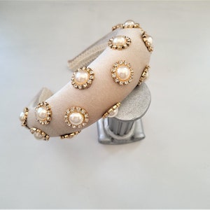 Beige Gold Diamante Padded headband, Jewelled Headpiece, Velvet Embellished with Gold Tone Jewels