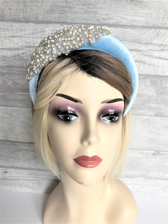 POWDER NWT Ladies Blue Padded Velvet Beaded Headband Powder Blue Velvet Jeweled Headband – Crystals & Pearls  main image 3