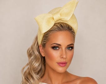 Yellow Bow Fascinator Headband, Halo Races Headpiece, Wedding Hat