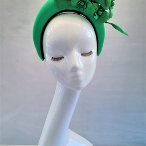 Green Satin Fascinator, Flower Headpiece, Halo Headband, Tall Padded Hair band, leather orchids, image 2