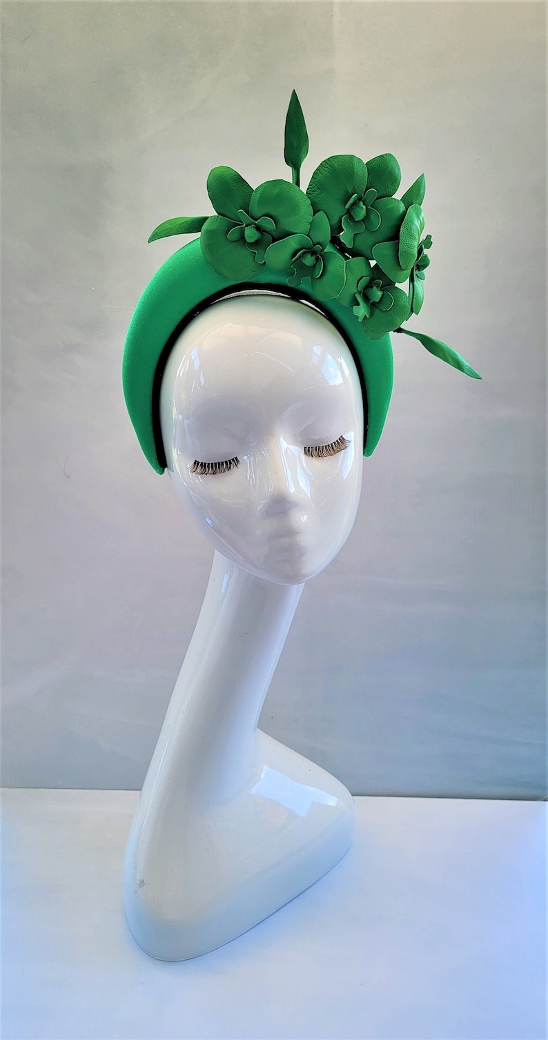 Green Satin Fascinator, Flower Headpiece, Halo Headband, Tall Padded Hair band, leather orchids, image 2