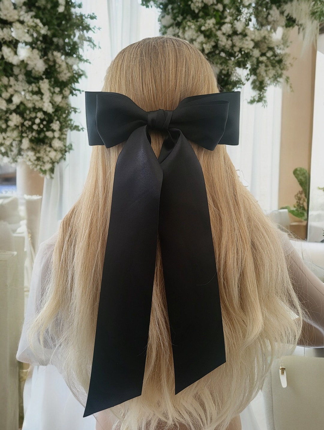 Französische Satinschleifen-Haarspangen Schwarz - Große Schleife, Vintage Stil, 19 Cm