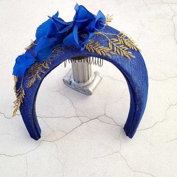 Royal Blue Halo Fascinator Headband, with Silk flower Vine and Gold Beads, Lightweight Races Headpiece