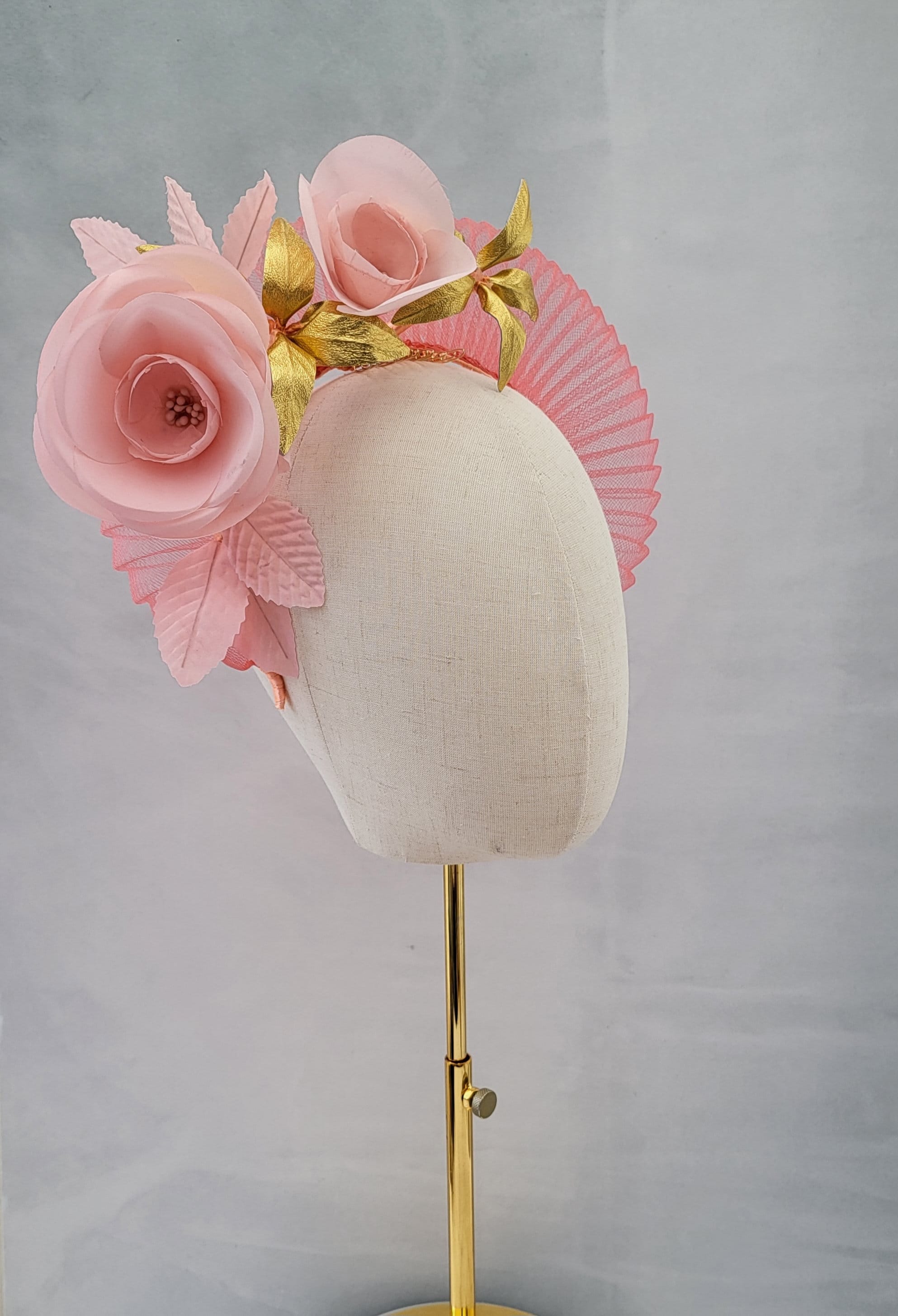 Coral Orange Fascinator Headband, Peach Silk Rose, Gold Leaf 