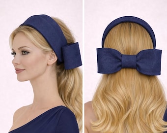 Diadema con relieve azul marino inglés, lazo en la parte trasera, sombrero para bodas y carreras de caballos.