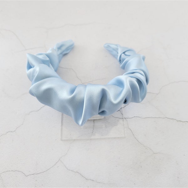 Fascia per capelli in seta blu baby, copricapo Scrunchie con volant increspato, SETA PURA,