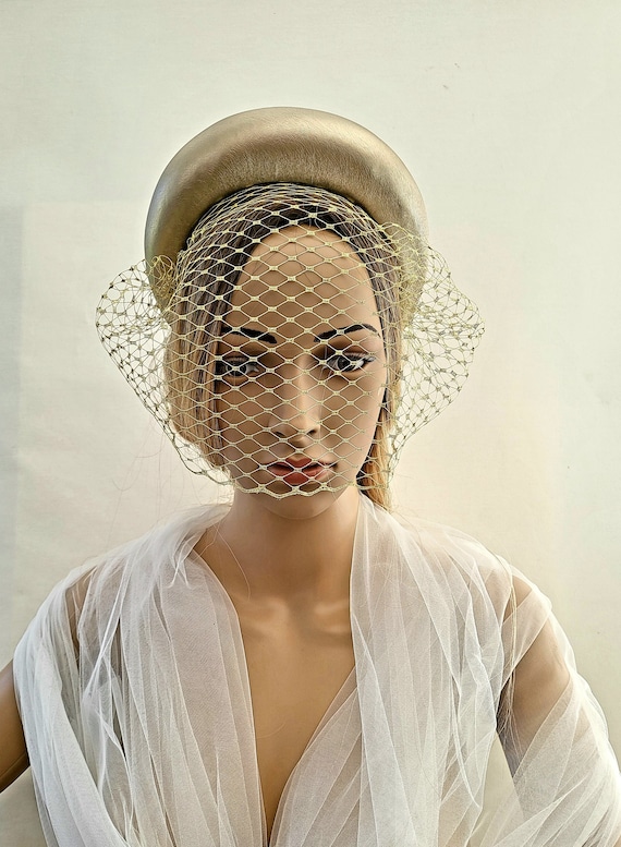 Gold Leatherette Fascinator Headband With Veil, Vegan Leather Tall.