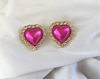 Diamante CLIP ON Earrings cluster Fuchsia Pink Heart style with Pearlised Center on gold plated base Stud Pierced Version available