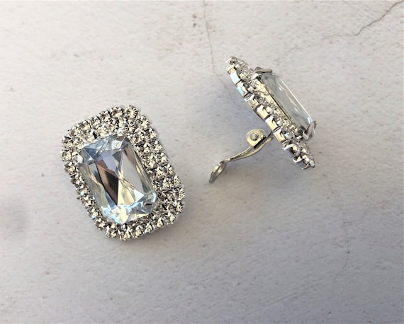 Orecchini a clip con diamanti, grande cluster di cristalli, disponibili con perno forato, rettangolari - Italia Orecchini a clip con diamanti, grande cluster di cristalli, disponibili con perno forato, rettangolari - Italia