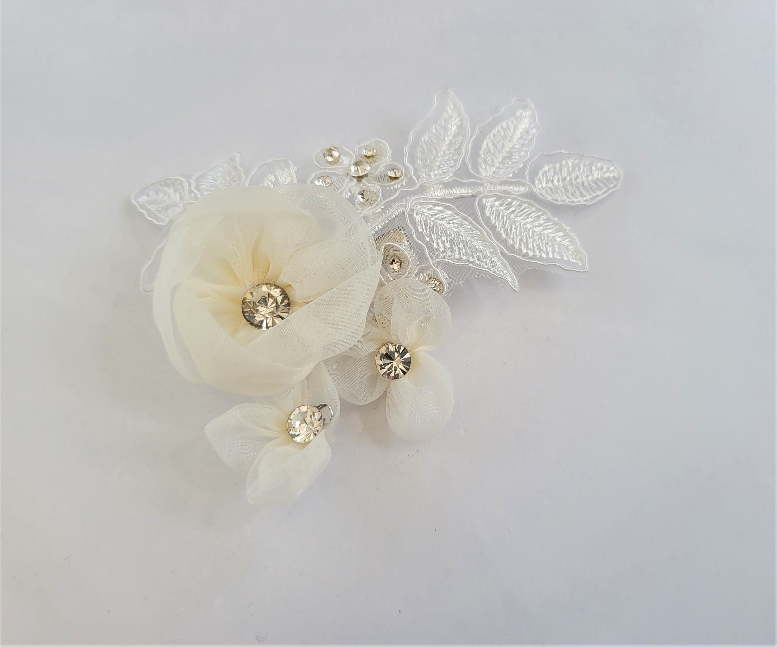 Ivory Chiffon Flower and Lace Diamante Headpiece with Diamante Bridal Wedding Hair clip grip