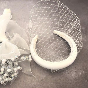 Ivory Satin Fascinator, Headband Padded, with Blusher Veil, Rounded shape, Bridal Headpiece, 2.5 cms wide, Duchess Satin,
