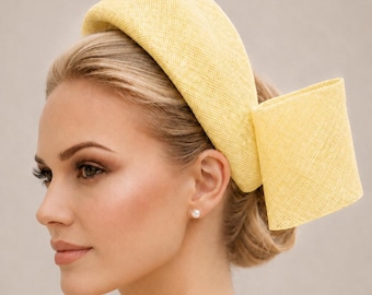 Yellow Sinamay Bow Headband Fascinator, Back Bow Wedding Hat Races Headpiece
