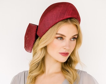Wine Red Headband Fascinator, with Back Bow, 10 cm wide, ridged design