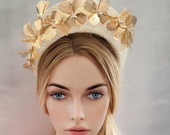 Gold and Ivory Glitter Flower Headband Fascinator, Races Headpiece