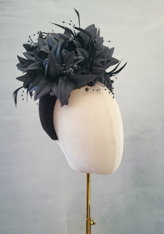Black Feather Fascinator on a Satin Tall Padded Headband  display picture 3