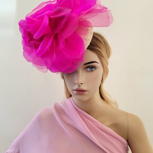 Magenta Pink Flower Pillbox Hat Fascinator, with Large Pink Organza Silk Flower, Straw Percher, image 4