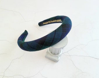 Tartan Karo gefüttertes Stirnband, Darkwatch Check Dunkelgrünes Haarband, 2,5cm breit