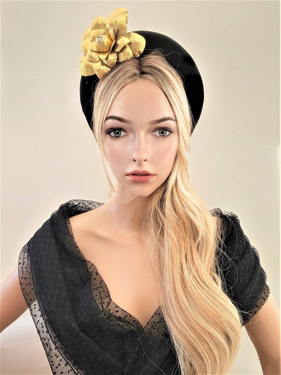 Gold Leather Rose Flower Fascinator, on A Tall Padded Black Satin Headband, 4 CMS Wide