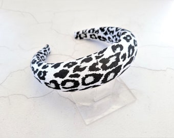 Leopard animal print padded headband in black and white matador style dome Padding 4 cms wide Rounded Padding