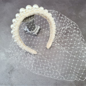 Bridal Pearl Headband with Ivory Blusher Veil,  Fascinator, Bridal Wedding Headpiece, Tiara