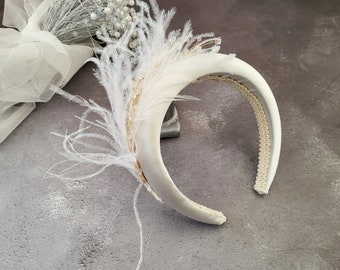 Bridal Feather Crystal Silk Headband, Ostrich feather Headpiece, Ivory Fascinator,