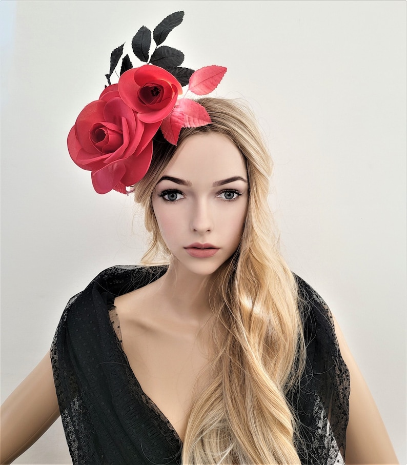 Red Rose Flower Fascinator, Headpiece, Black Leaf Vine, hatinator image 1