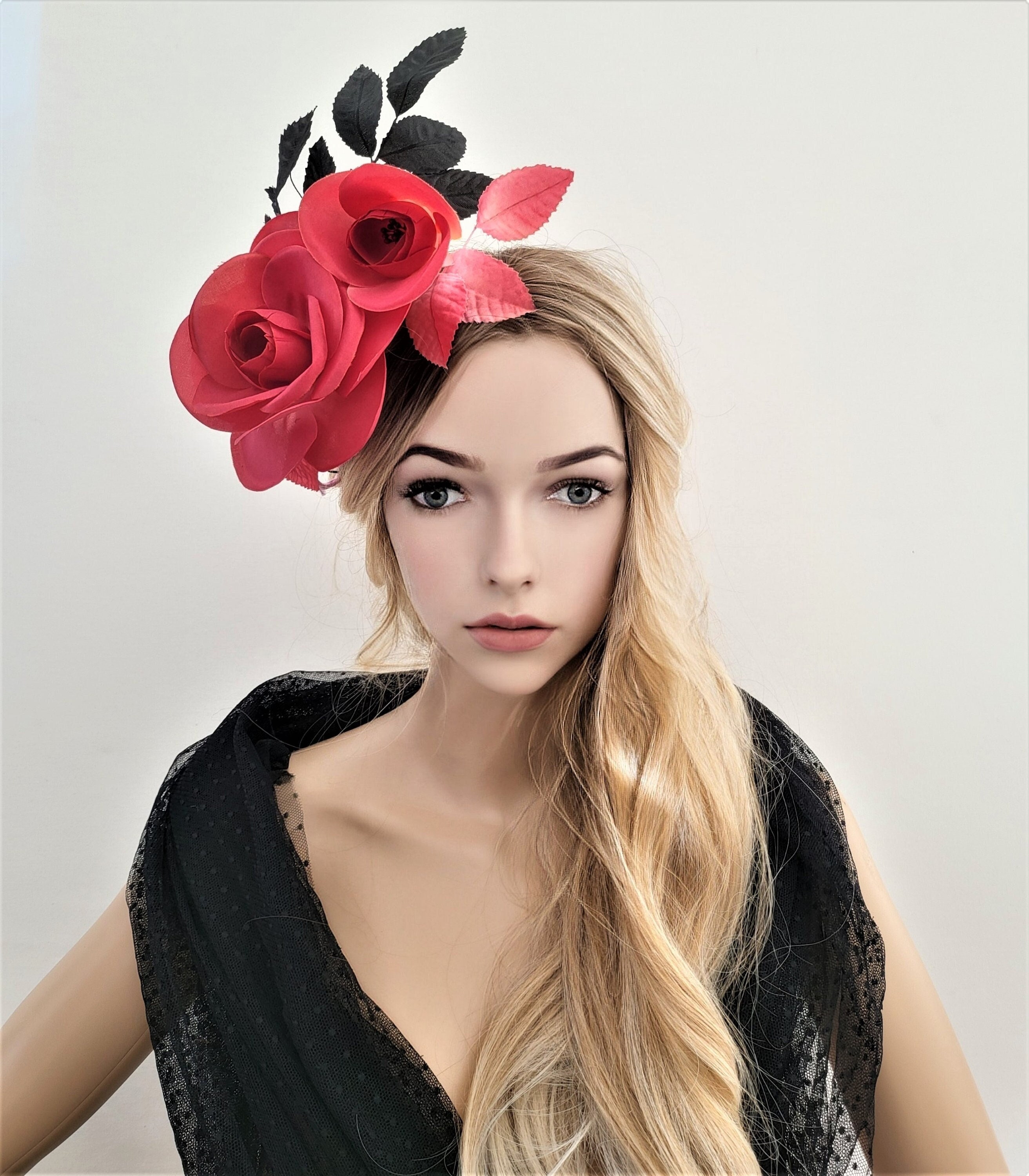 Black White Rose Flower Feather Fascinator Headpiece Headband Floral Races 6760 