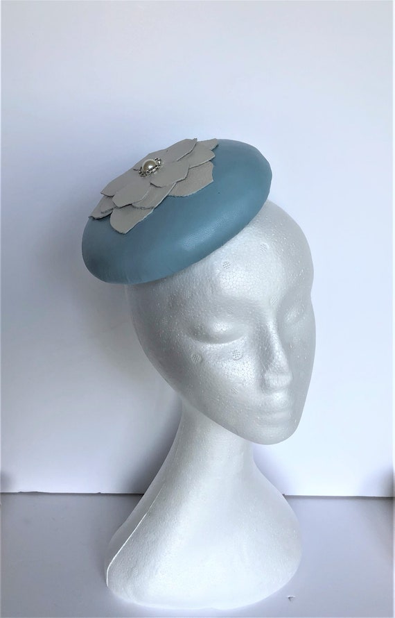 Powder Blue Leather Pillbox Hat With 