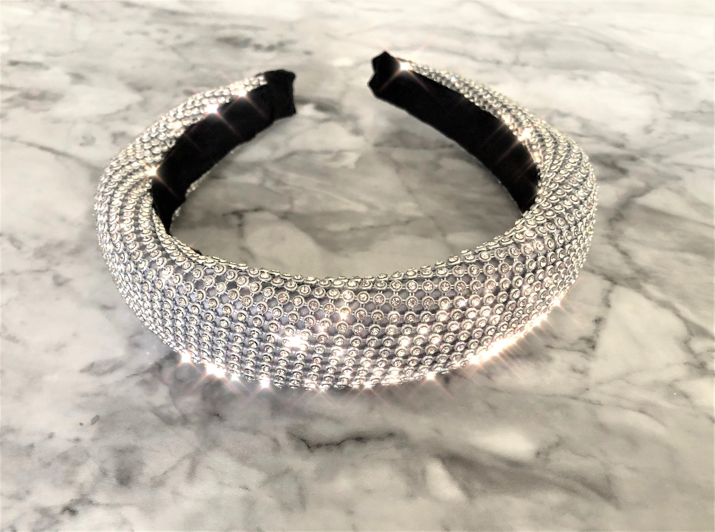 Diamante Mesh Padded Headband Alice Band in Silver tone 3.5 Etsy