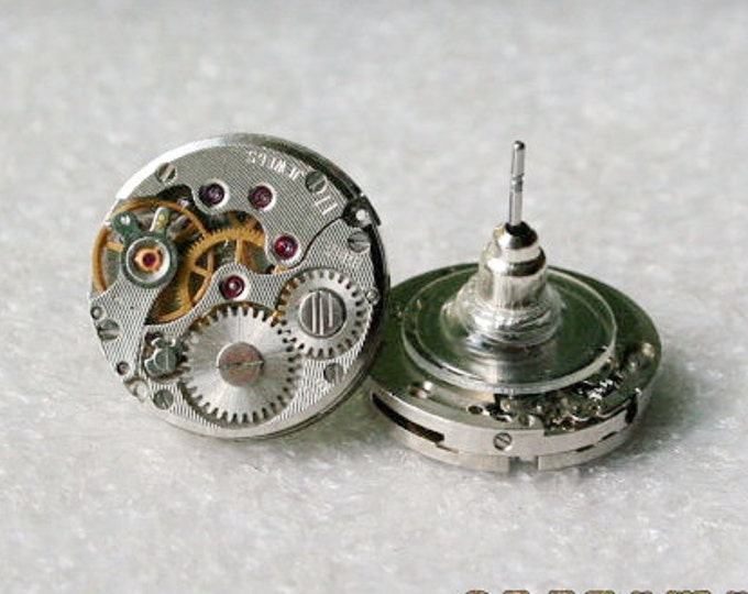 Steampunk Stud Earrings with  Mechanical Watch Movement  , Steampunk Earrings , Steampunk jewelry , Watch Movement  Clockwork Earrings