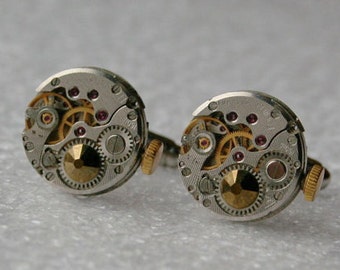 Steampunk Watch Movement Cufflinks – Metallic Dorado Crystals, Clockwork Jewelry