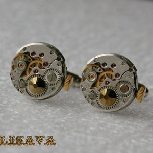 SALE...Watch Movement Cufflinks - Steampunk Cufflinks with Metallic Dorado  crystals  , Clockwork Watch Movement Cufflinks