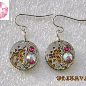 Steampunk Earrings with  Light Rose Aurore Boreale  crystals , Vintage Mechanical Watch Movement  ,  Clockwork  Movement earrings