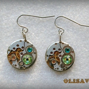 Steampunk Earrings with  Vintage Mechanical Watch Movement and Peridot   crystals , Steampunk Earrings , Clockwork  Earrings