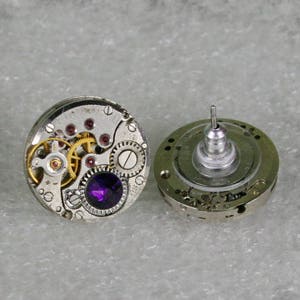 Steampunk Stud Earrings with  Mechanical Watch Movement and  crystals , Steampunk Earrings ,Steampunk jewelry , Clockwork Earrings