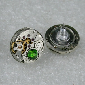 Steampunk Stud Earrings with Mechanical Watch Movement , Fern Green   crystals, Steampunk Earrings , Clockwork  Movement earrings