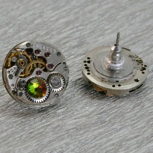 Steampunk Stud Earrings  Mechanical Watch Movement , Crystal-Vitrail-Medium  crystals , Steampunk Earrings , Clockwork  earrings
